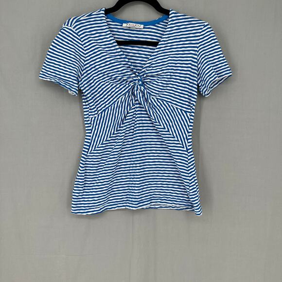 Y2K Vintage Top Womens Small Blue Striped Babydoll 90s Tee Cotton V Neck - Picture 6 of 9